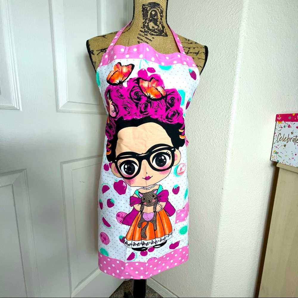 Frida Kahlo Cartoon White and Pink Apron